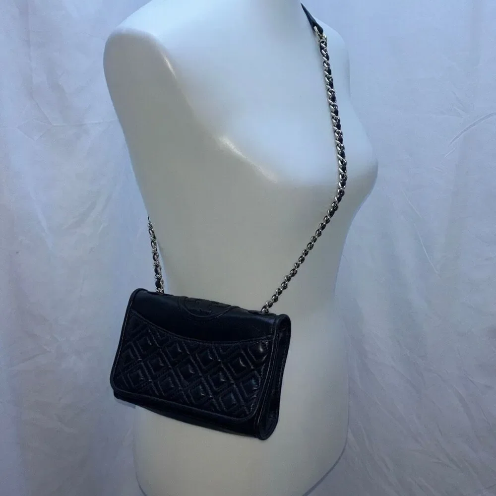 Tory Burch Fleming black soft leather quilted convertible purse crossbod shouldr